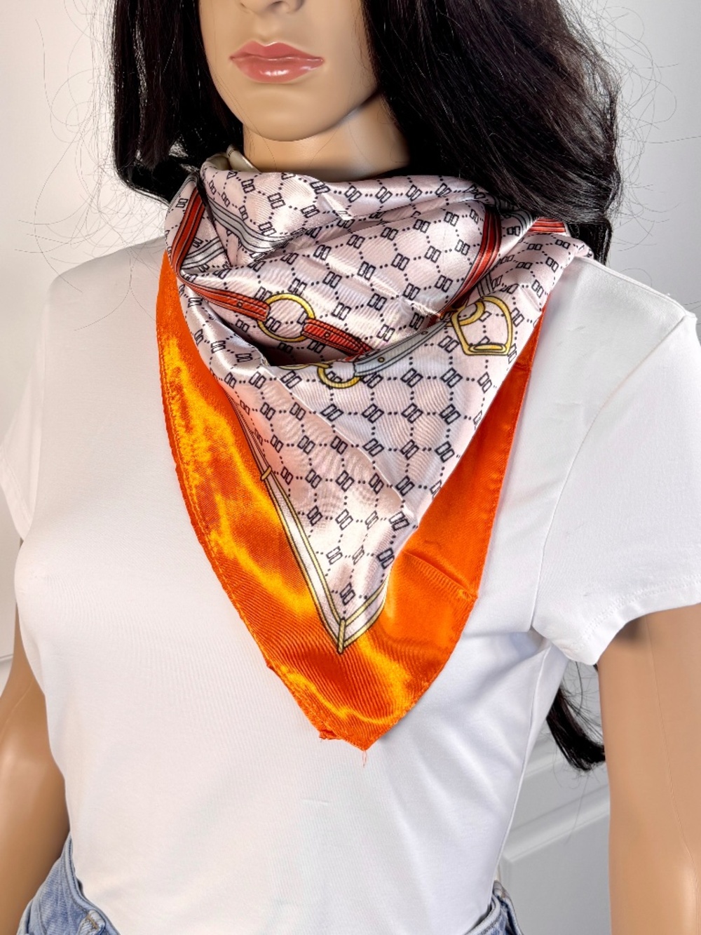 WOMEN'S ORANGE SILKY FEEL ABSTRACT PRINTED SQUARE SCARF - NEW IN PACKAGE - Picture 6 of 13